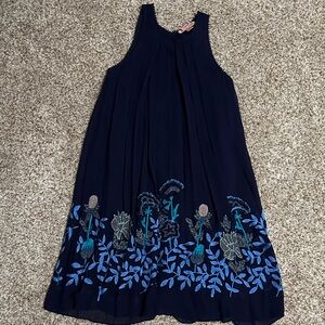 Anthropologie Navy Dress with Blue Floral Embroidery and Metallic Beads